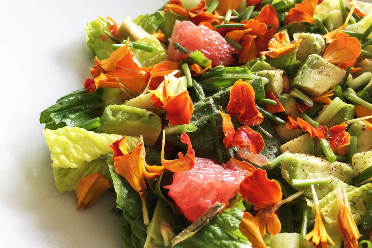 Fleurige salade met rode grapefruit,  avocado en bloemen